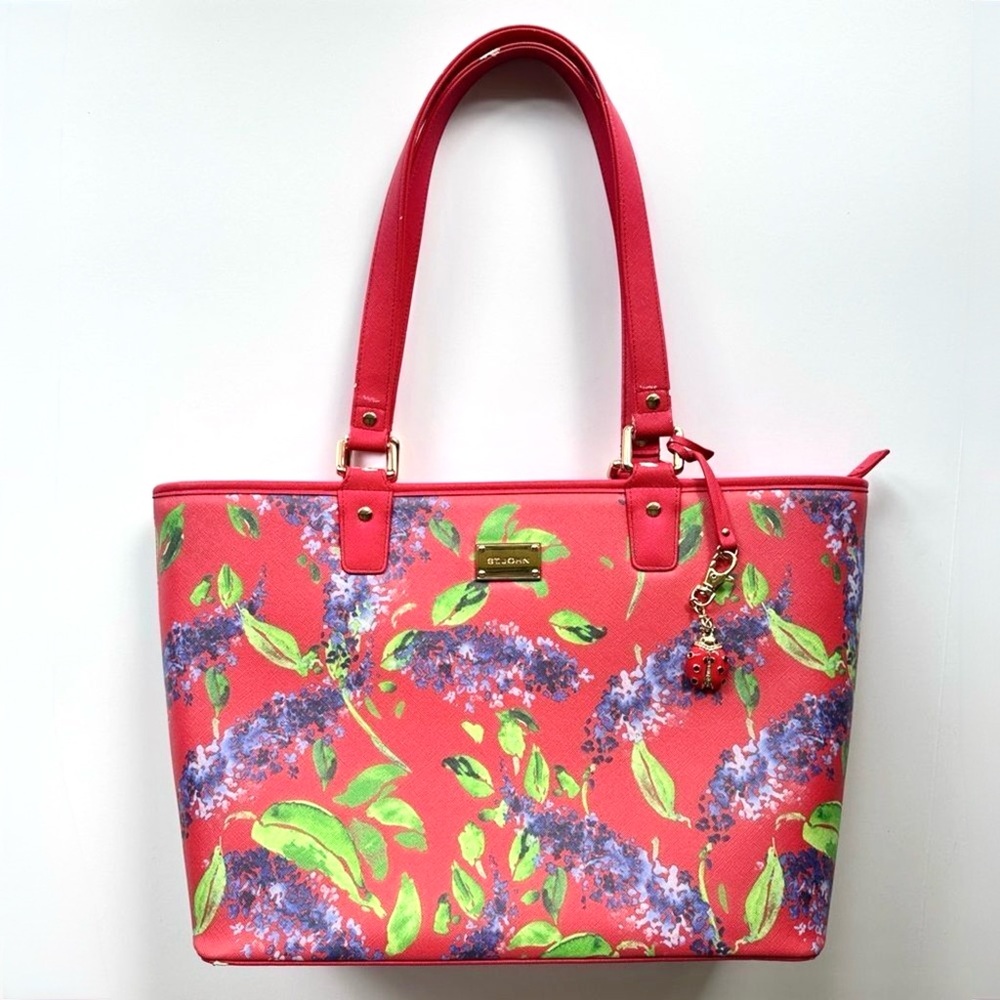 St. John Wisteria Floral Print Tote Bag in Red and Purple with Lady Bug Charm